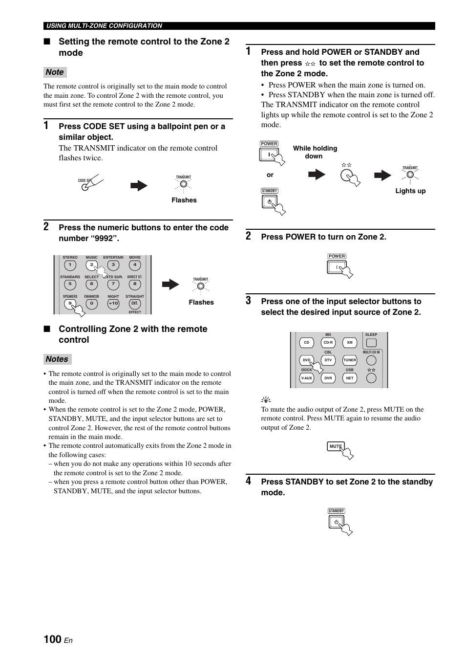 Setting the remote control to the zone 2 mode, Controlling zone 2 with the remote control, Press power to turn on zone 2 | Yamaha RX-N600 User Manual | Page 104 / 132