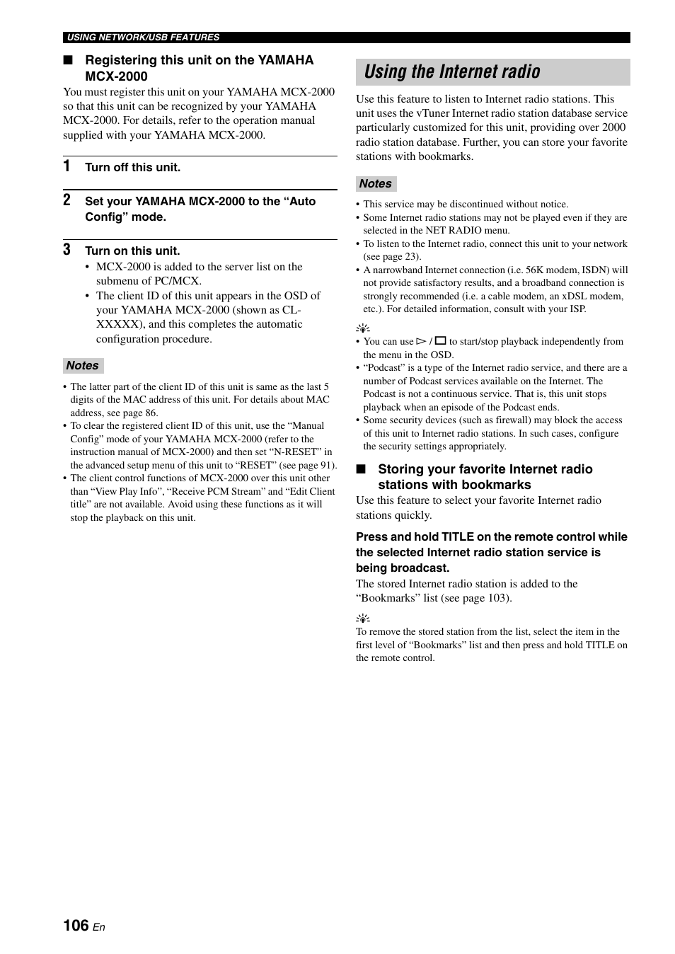 Using the internet radio | Yamaha RX-N600 User Manual | Page 110 / 132