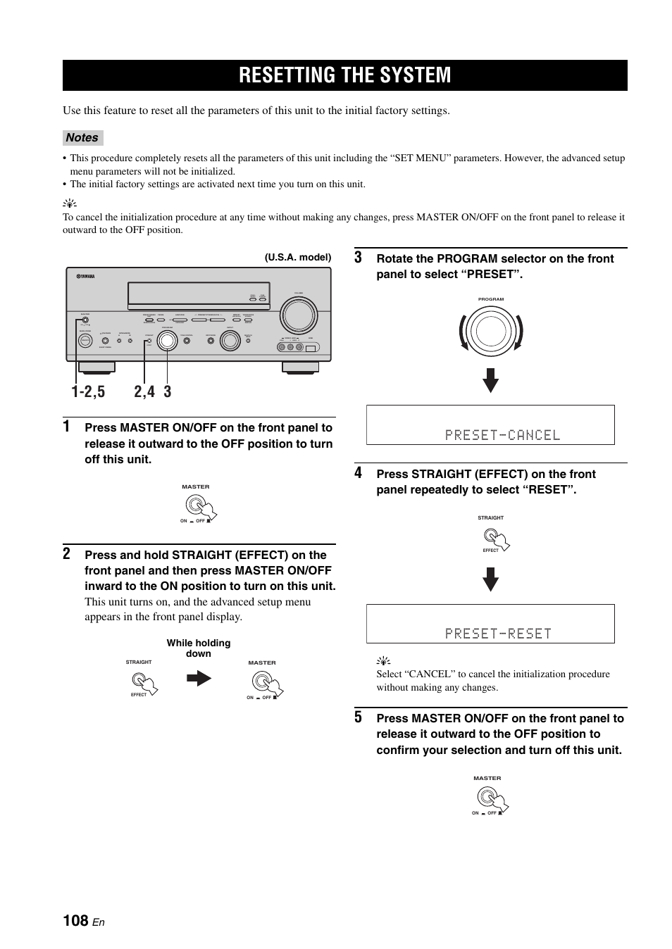 Resetting the system, Zone 2 on/off zone control, Next | Effect, Man'l/auto fm, Auto/man'l, On off video l audio r, Level | Yamaha RX-N600 User Manual | Page 112 / 132