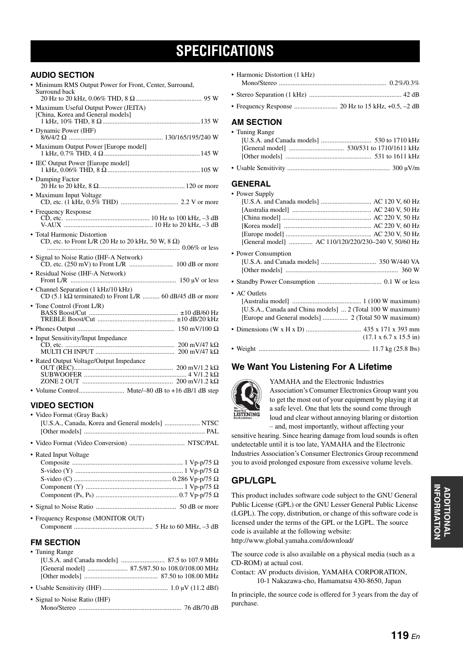 Specifications, We want you listening for a lifetime, Gpl/lgpl | Yamaha RX-N600 User Manual | Page 123 / 132