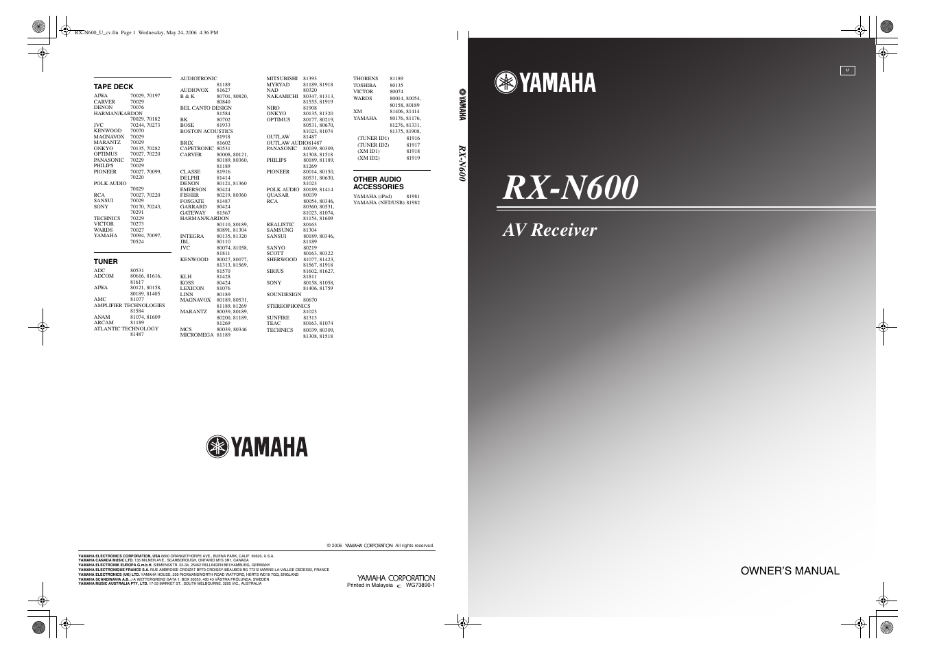 Av receiver, Owner’s manual, Rx-n600 | Yamaha RX-N600 User Manual | Page 132 / 132