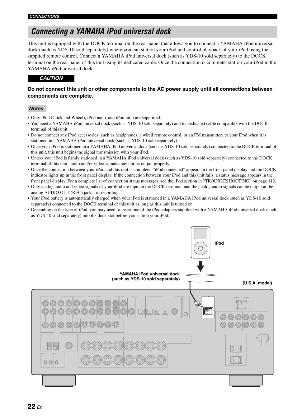 Connecting a yamaha ipod universal dock | Yamaha RX-N600 User Manual | Page 26 / 132