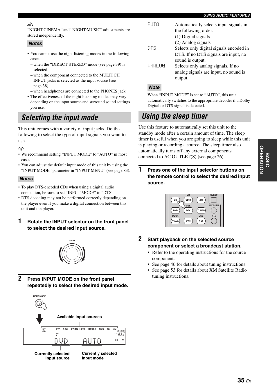 Selecting the input mode, Using the sleep timer | Yamaha RX-N600 User Manual | Page 39 / 132