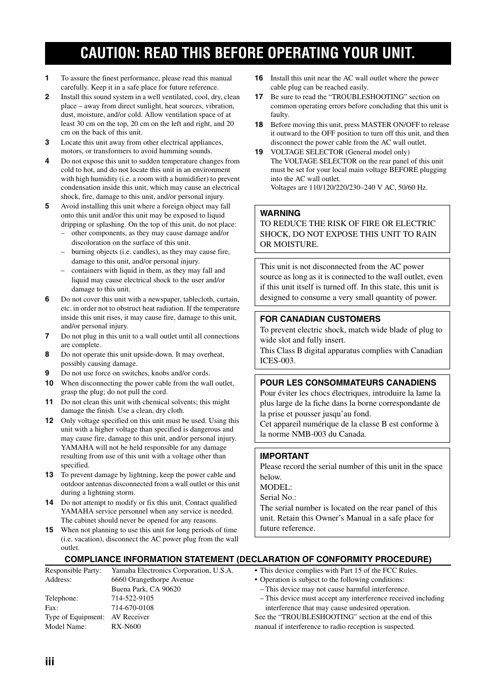 Caution: read this before operating your unit | Yamaha RX-N600 User Manual | Page 4 / 132