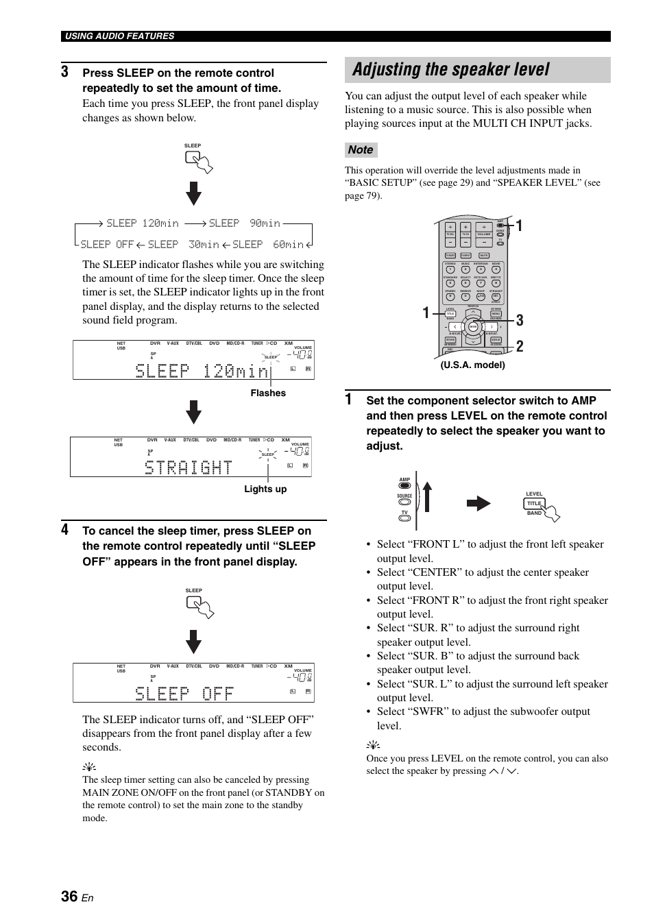 Adjusting the speaker level, Flashes, Lights up | U.s.a. model), Using audio features | Yamaha RX-N600 User Manual | Page 40 / 132