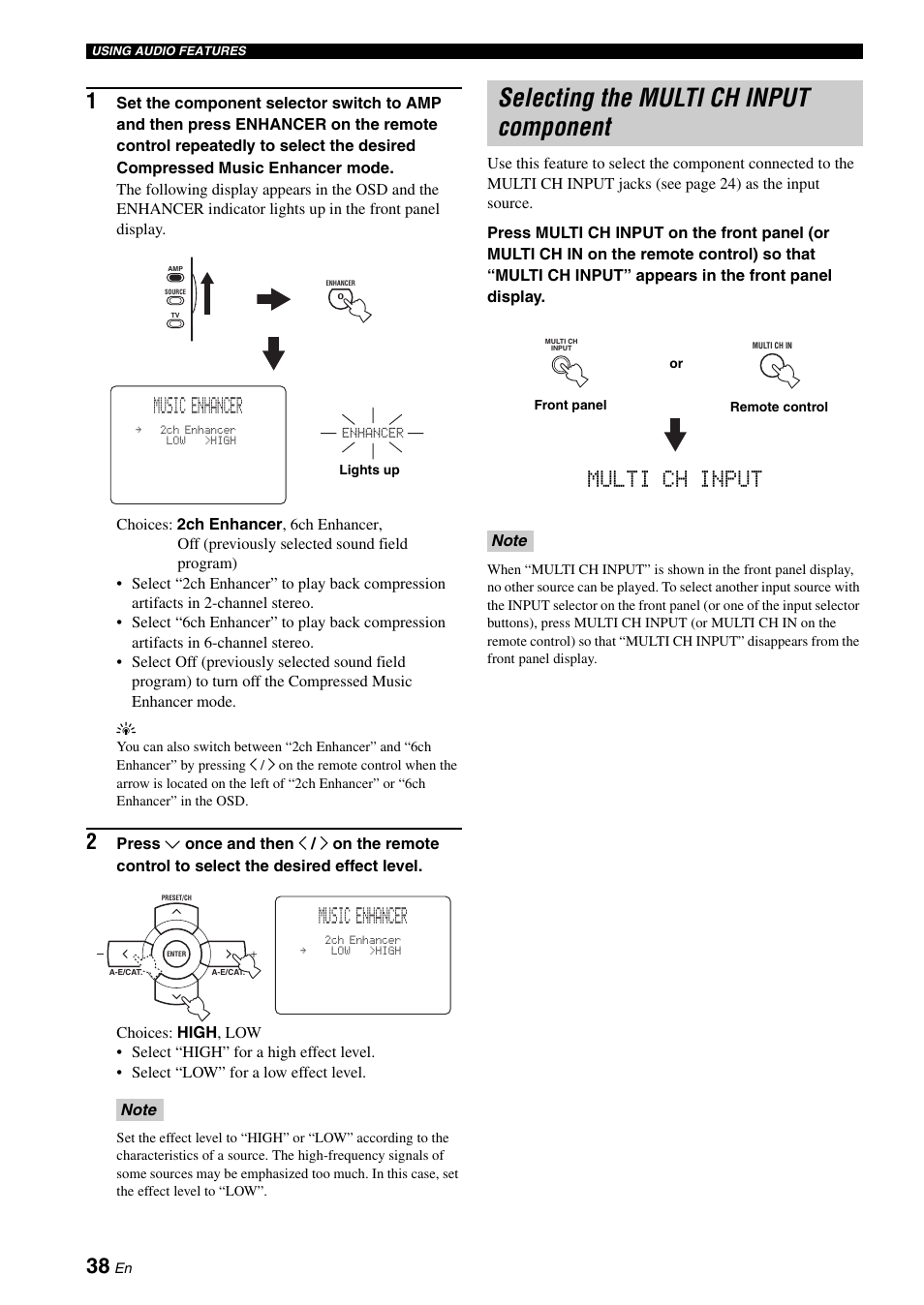 Selecting the multi ch input component, Music enhancer, Multi ch input | Yamaha RX-N600 User Manual | Page 42 / 132
