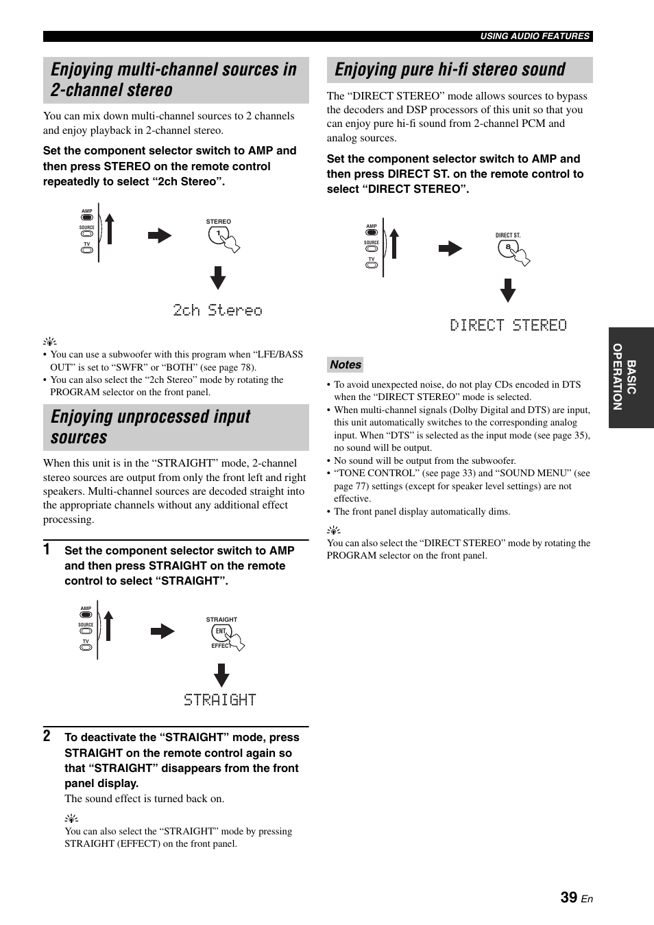 Enjoying multi-channel sources in 2-channel stereo, Enjoying unprocessed input sources, Enjoying pure hi-fi stereo sound | 2ch stereo, Straight, Direct stereo | Yamaha RX-N600 User Manual | Page 43 / 132