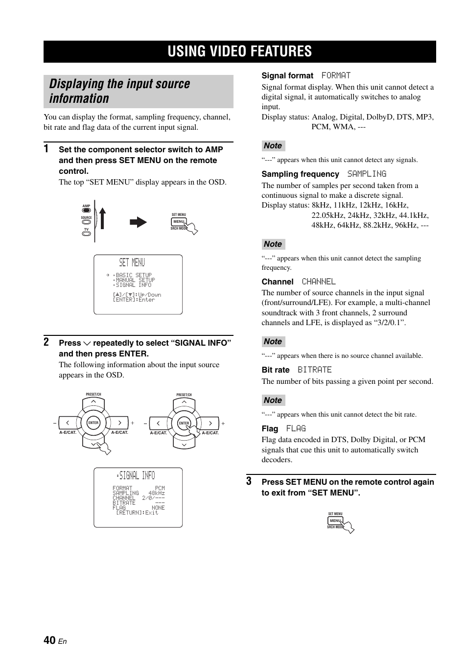 Using video features, Displaying the input source information, Set menu | Signal info | Yamaha RX-N600 User Manual | Page 44 / 132