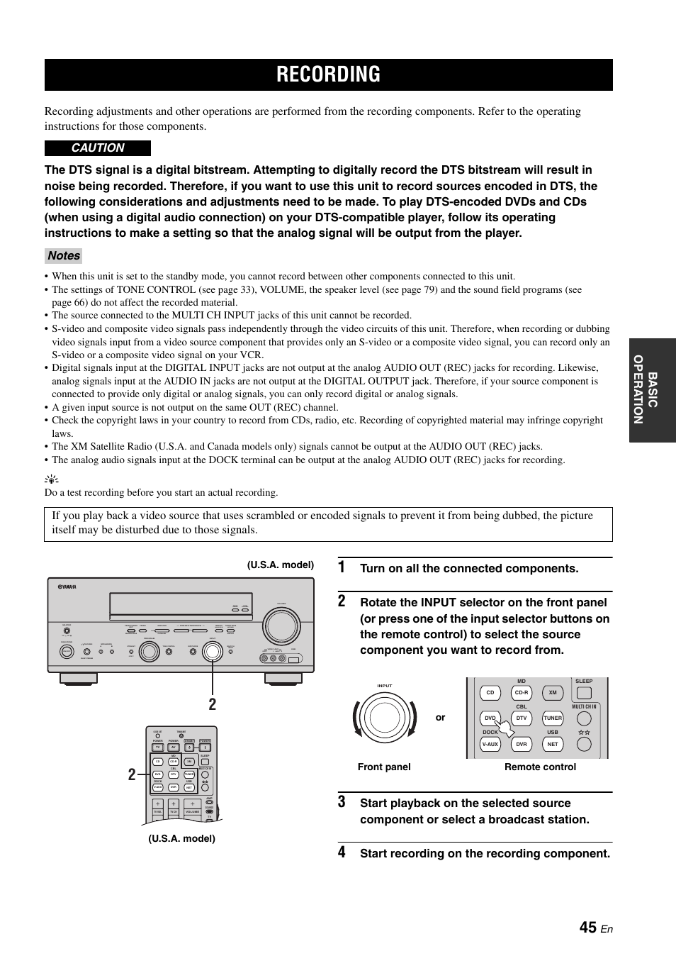 Recording, Turn on all the connected components, Start recording on the recording component | Zone 2 on/off zone control, Next, Effect, Man'l/auto fm, Auto/man'l, On off video l audio r, Level | Yamaha RX-N600 User Manual | Page 49 / 132