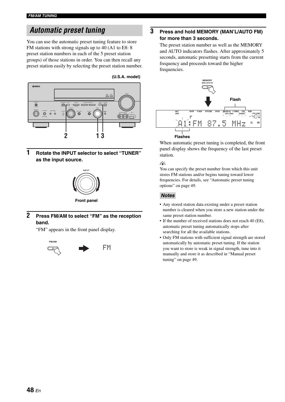 Automatic preset tuning, A 1 : f m 8 7 . 5 m h z, Zone 2 on/off zone control | Next, Effect, Man'l/auto fm, Auto/man'l, On off video l audio r, Level, U.s.a. model) | Yamaha RX-N600 User Manual | Page 52 / 132