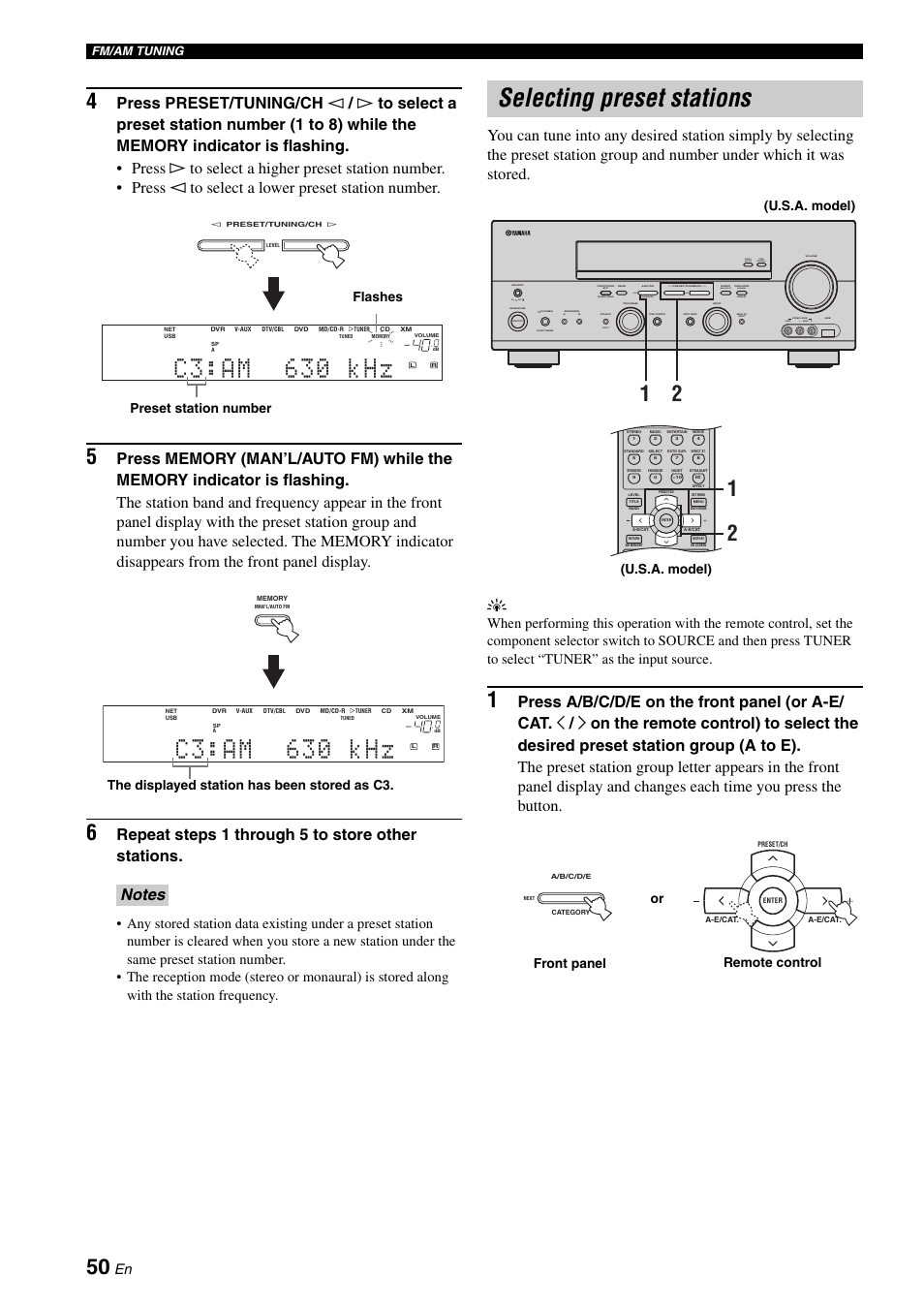 Selecting preset stations, C 3 : a m 6 3 0 k h z, Repeat steps 1 through 5 to store other stations | Zone 2 on/off zone control, Next, Effect, Man'l/auto fm, Auto/man'l, On off video l audio r, Level | Yamaha RX-N600 User Manual | Page 54 / 132