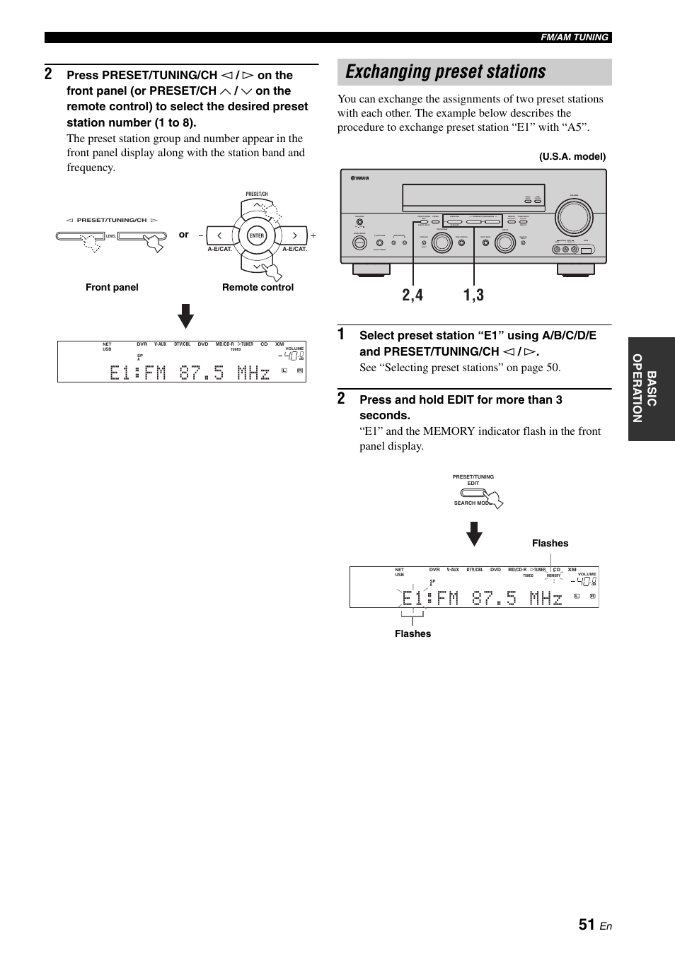 Exchanging preset stations, E 1 : f m 8 7 . 5 m h z, Zone 2 on/off zone control | Next, Effect, Man'l/auto fm, Auto/man'l, On off video l audio r, Level | Yamaha RX-N600 User Manual | Page 55 / 132