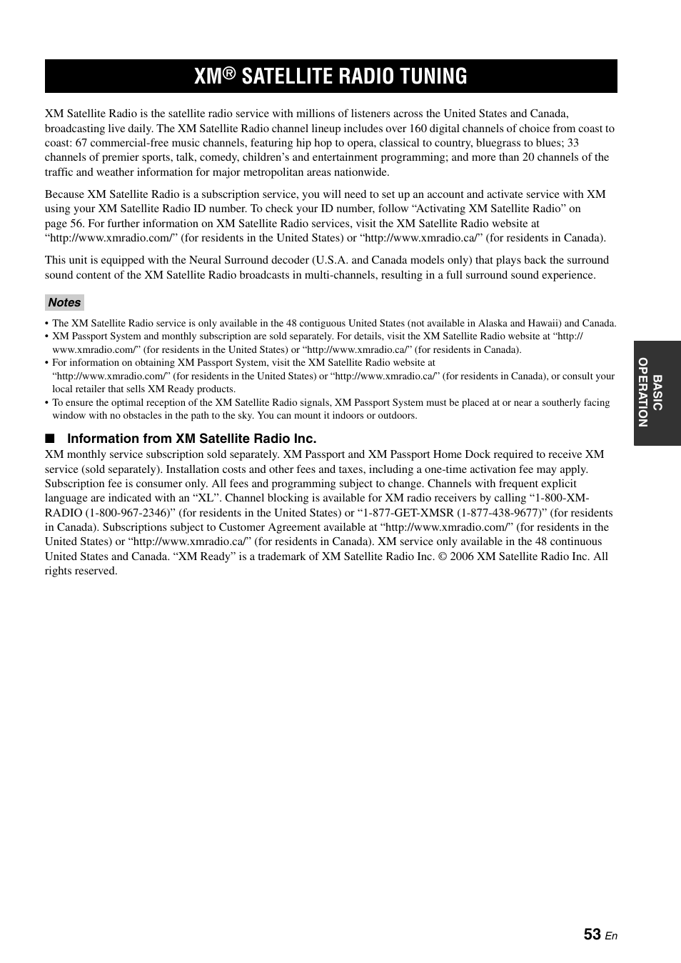 Xm® satellite radio tuning, Satellite radio tuning | Yamaha RX-N600 User Manual | Page 57 / 132