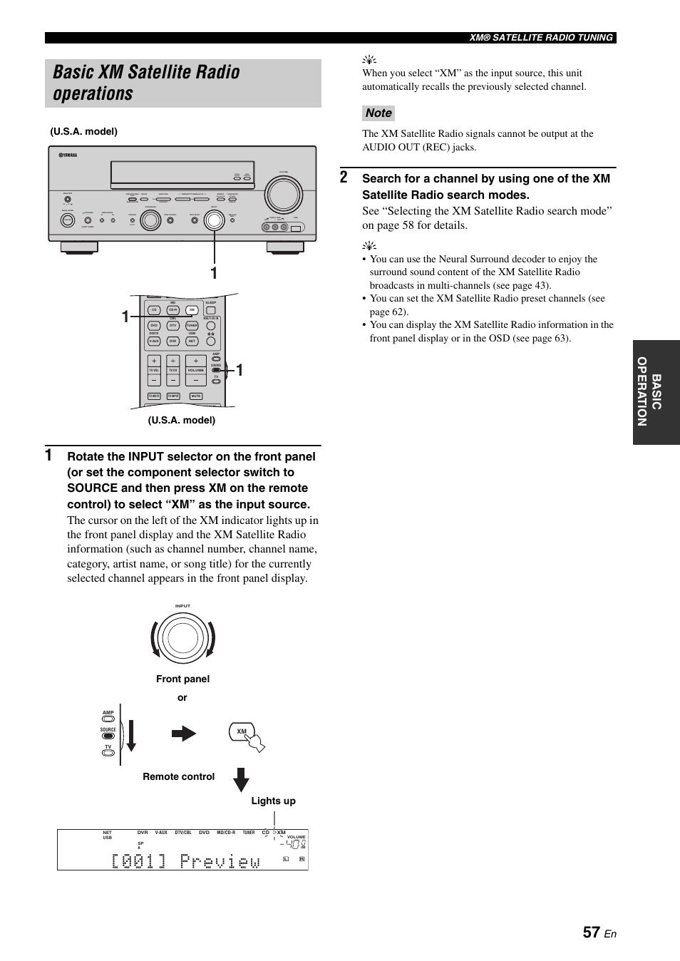Basic xm satellite radio operations, Zone 2 on/off zone control, Next | Effect, Man'l/auto fm, Auto/man'l, On off video l audio r, Level, U.s.a. model), Lights up | Yamaha RX-N600 User Manual | Page 61 / 132