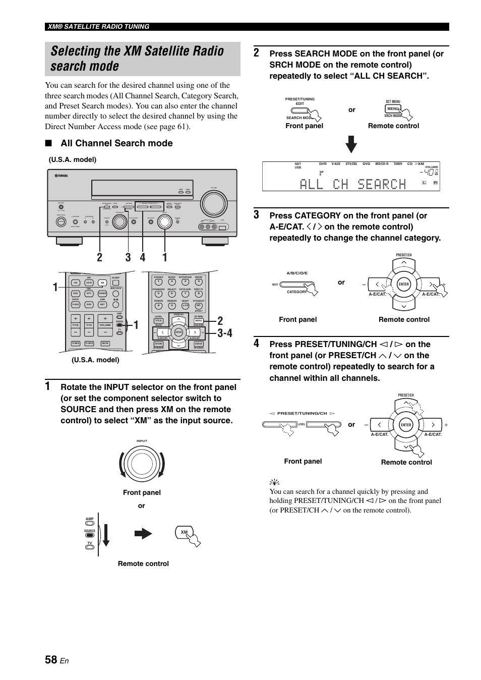 Selecting the xm satellite radio search mode, All channel search mode, Zone 2 on/off zone control | Next, Effect, Man'l/auto fm, Auto/man'l, On off, Level video l audio r, U.s.a. model) | Yamaha RX-N600 User Manual | Page 62 / 132