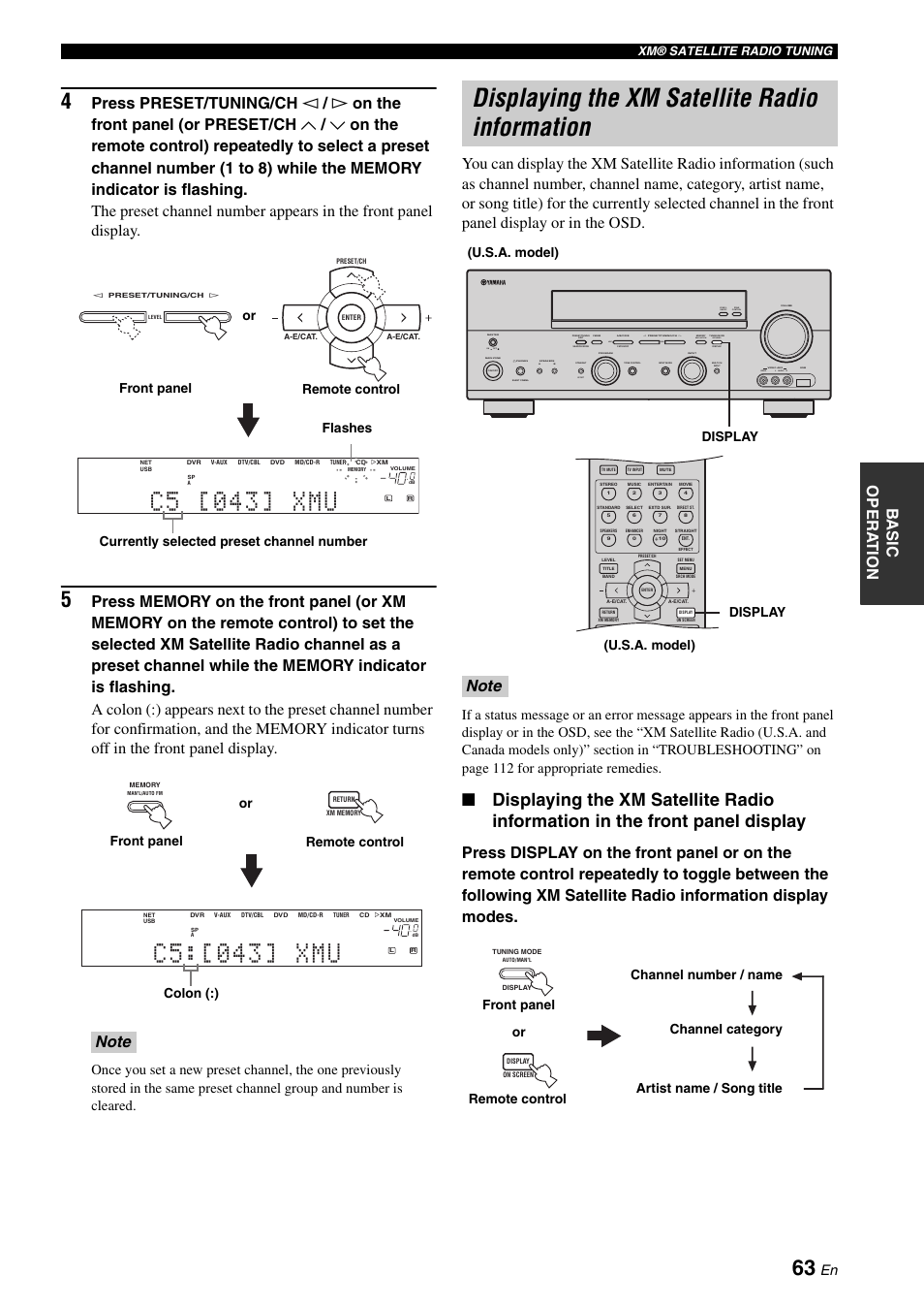 Displaying the xm satellite radio information, C 5 [ 0 4 3 ] x m u, C 5 : [ 0 4 3 ] x m u | Zone 2 on/off zone control, Next, Effect, Man'l/auto fm, Auto/man'l, On off level video l audio r, Currently selected preset channel number | Yamaha RX-N600 User Manual | Page 67 / 132