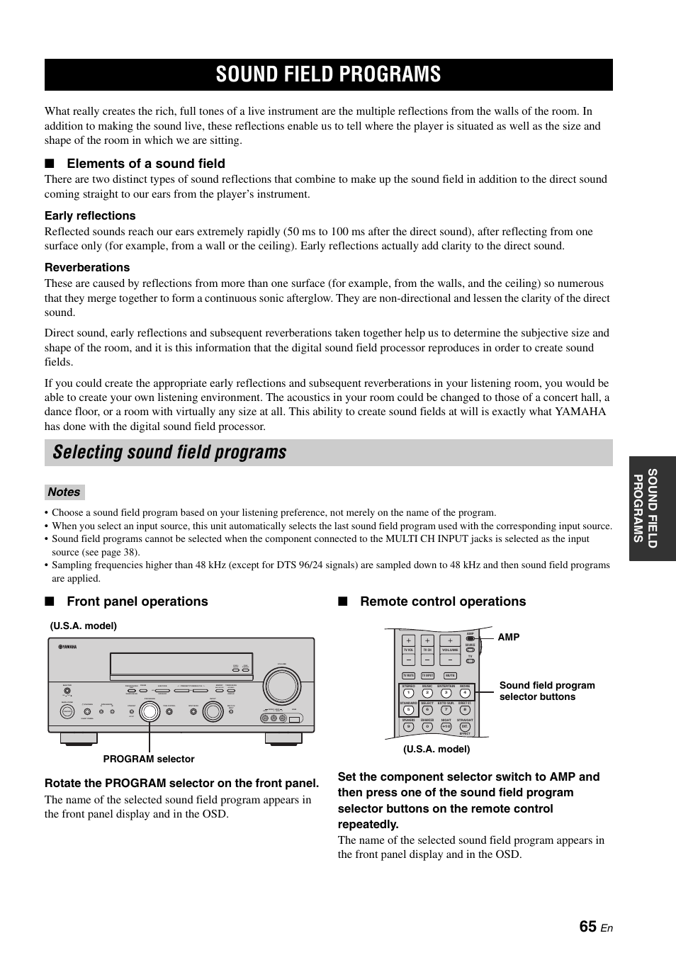 Sound field programs, Selecting sound field programs, Elements of a sound field | Front panel operations, Remote control operations, Zone 2 on/off zone control, Next, Effect, Man'l/auto fm, Auto/man'l | Yamaha RX-N600 User Manual | Page 69 / 132