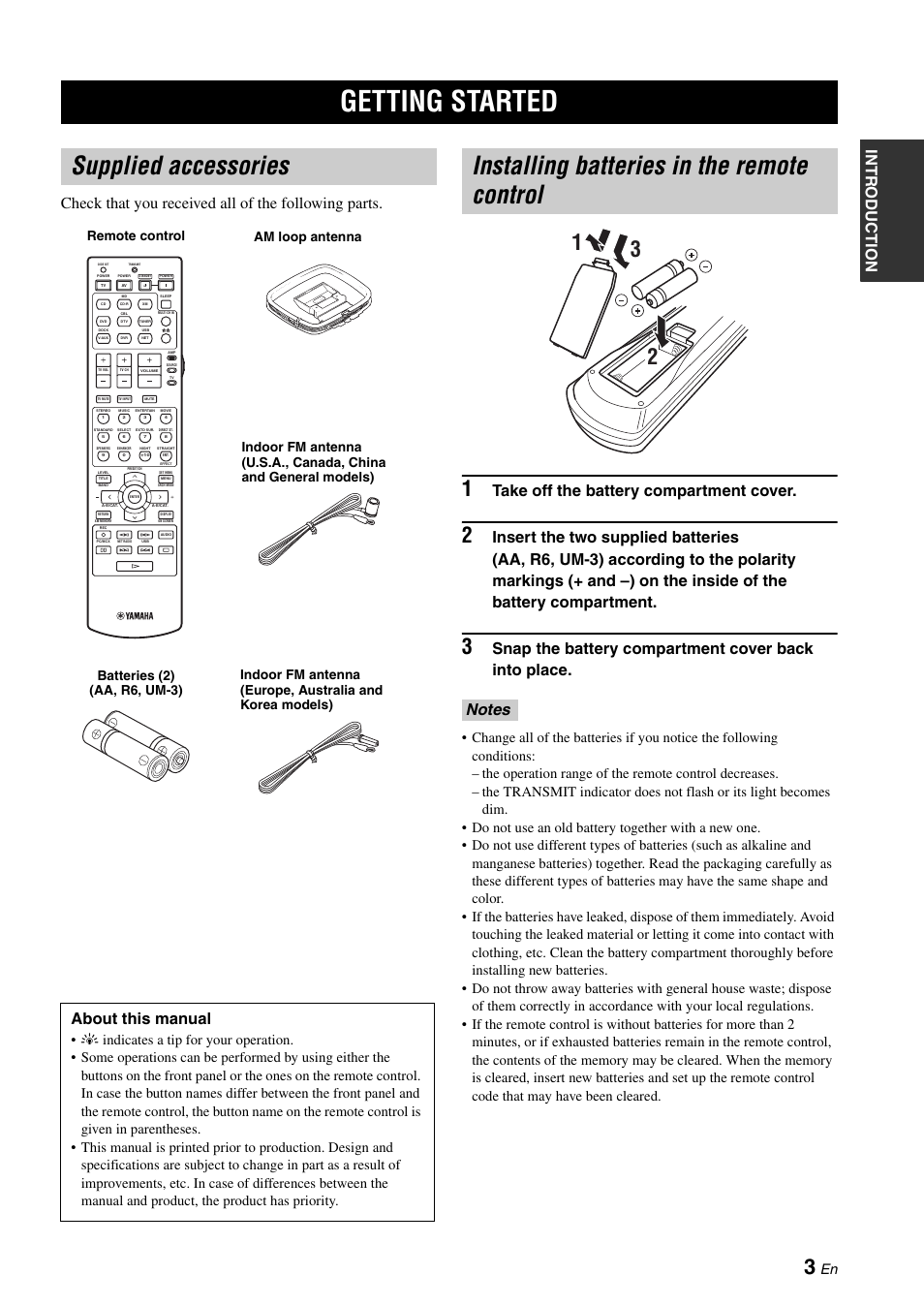 Getting started, Supplied accessories, Installing batteries in the remote control | Take off the battery compartment cover, Snap the battery compartment cover back into place, About this manual | Yamaha RX-N600 User Manual | Page 7 / 132