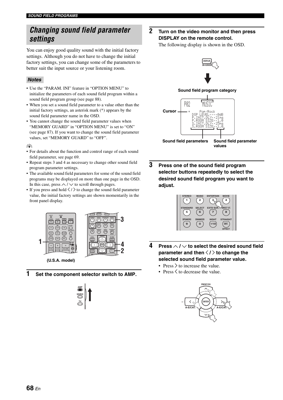 Changing sound field parameter settings, P02 music, Set the component selector switch to amp | U.s.a. model) | Yamaha RX-N600 User Manual | Page 72 / 132