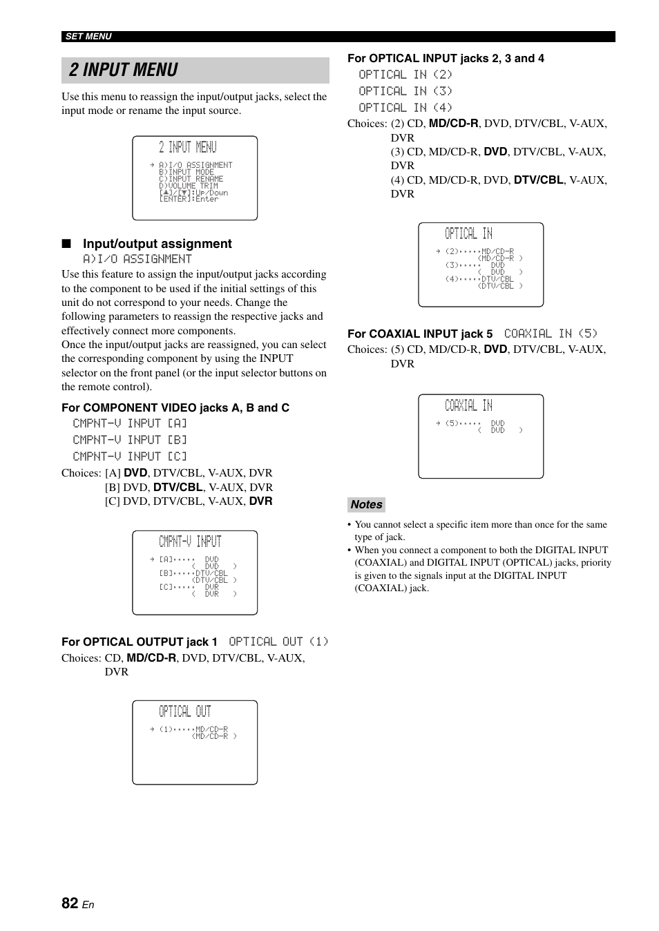 2 input menu, Cmpnt-v input, Optical out | Optical in, Coaxial in, Input/output assignment | Yamaha RX-N600 User Manual | Page 86 / 132