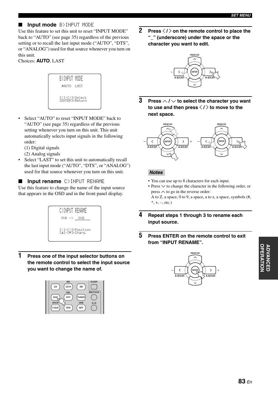 B)input mode, C)input rename, Input mode | Input rename | Yamaha RX-N600 User Manual | Page 87 / 132