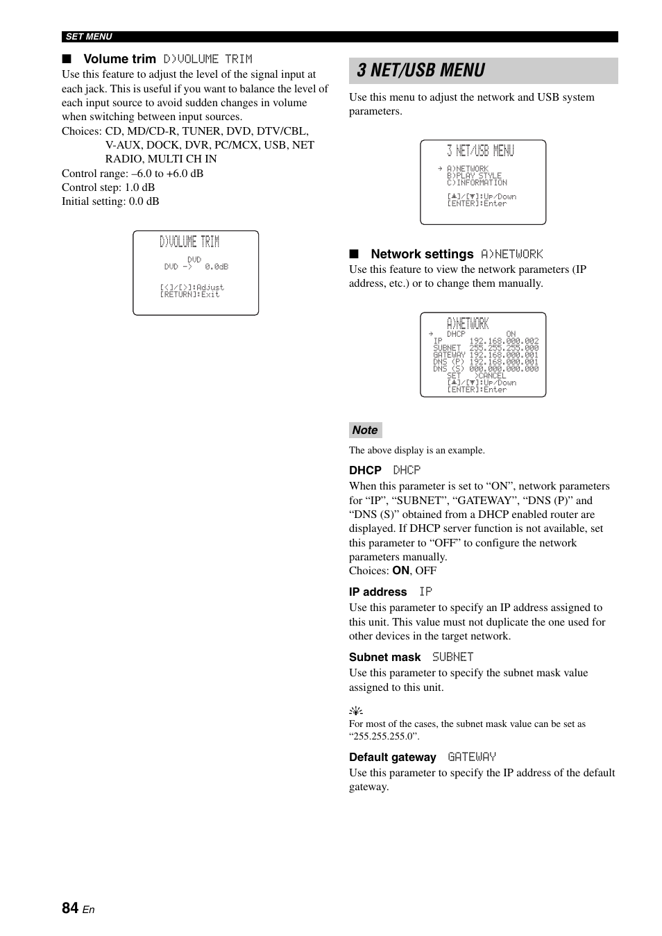 3 net/usb menu, D)volume trim, A)network | Yamaha RX-N600 User Manual | Page 88 / 132