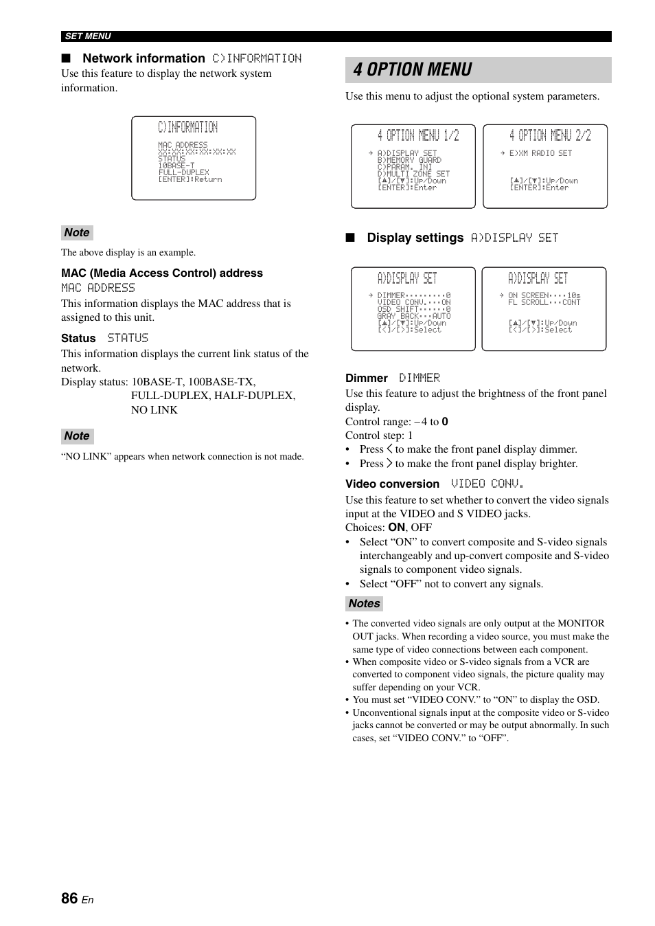 4 option menu, C)information, 4 option menu 1/2 | 4 option menu 2/2, A)display set, Network information, Display settings | Yamaha RX-N600 User Manual | Page 90 / 132