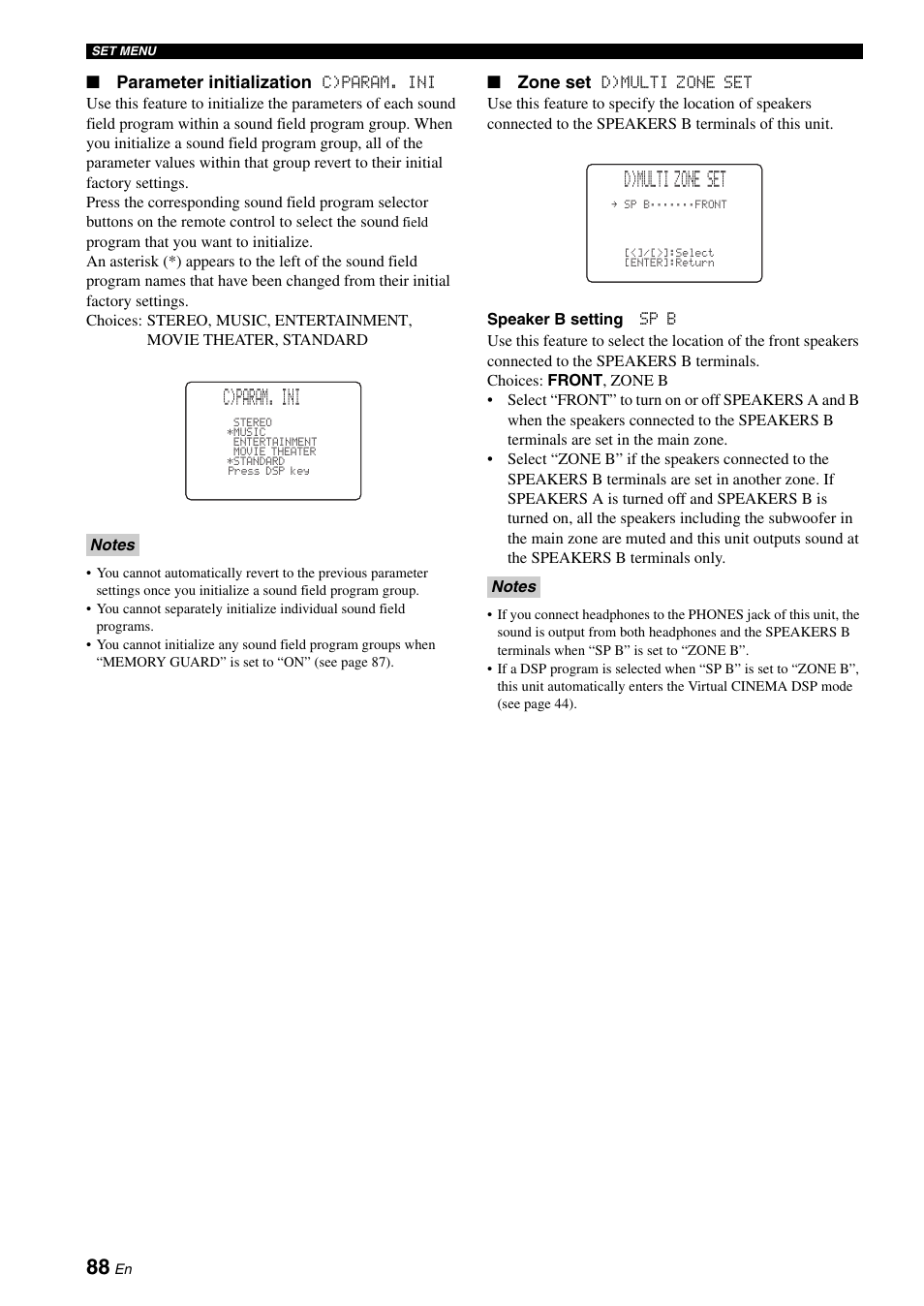 C)param. ini, D)multi zone set, Parameter initialization | Zone set | Yamaha RX-N600 User Manual | Page 92 / 132