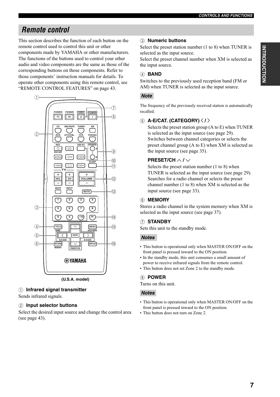 Remote control, 8 power turns on this unit | Yamaha RX-797 User Manual | Page 11 / 55