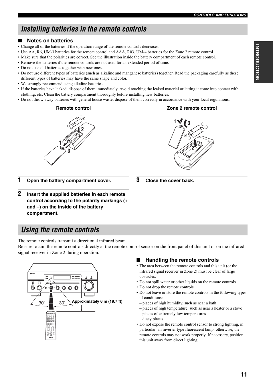 Installing batteries in the remote controls, Using the remote controls, Handling the remote controls | Yamaha RX-797 User Manual | Page 15 / 55