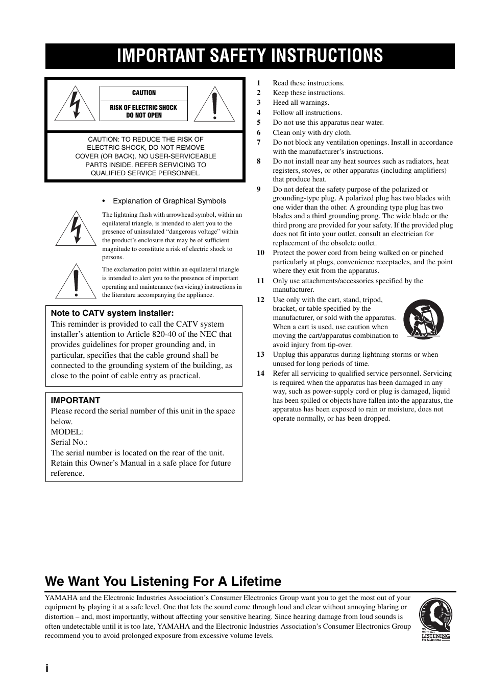 Important safety instructions, We want you listening for a lifetime | Yamaha RX-797 User Manual | Page 2 / 55