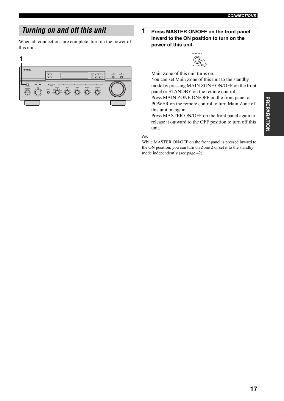 Turning on and off this unit, On off, Search mode | Category, Man'l/auto fm, Auto/man'l b a, Md/tape cd xm dvd vcr tuner dtv/cbl phono xm/ant | Yamaha RX-797 User Manual | Page 21 / 55