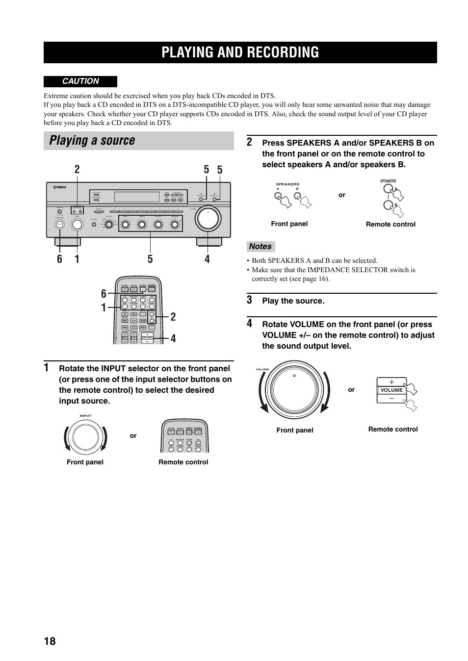 Basic operation, Playing and recording, Playing a source | Play the source, Caution, On off, Search mode, Category, Man'l/auto fm, Auto/man'l b a | Yamaha RX-797 User Manual | Page 22 / 55