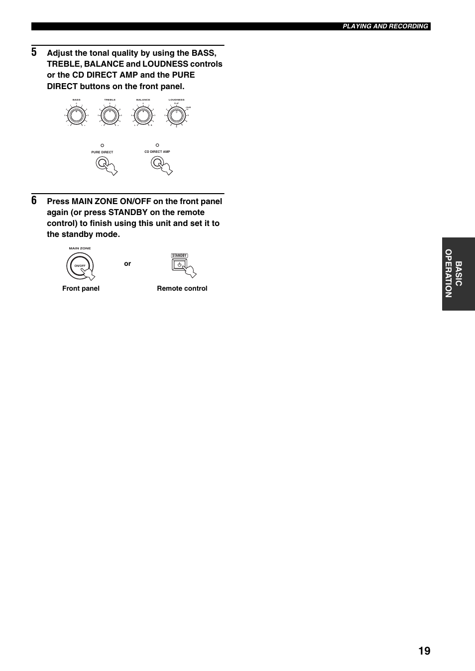 Remote control front panel or, Playing and recording | Yamaha RX-797 User Manual | Page 23 / 55