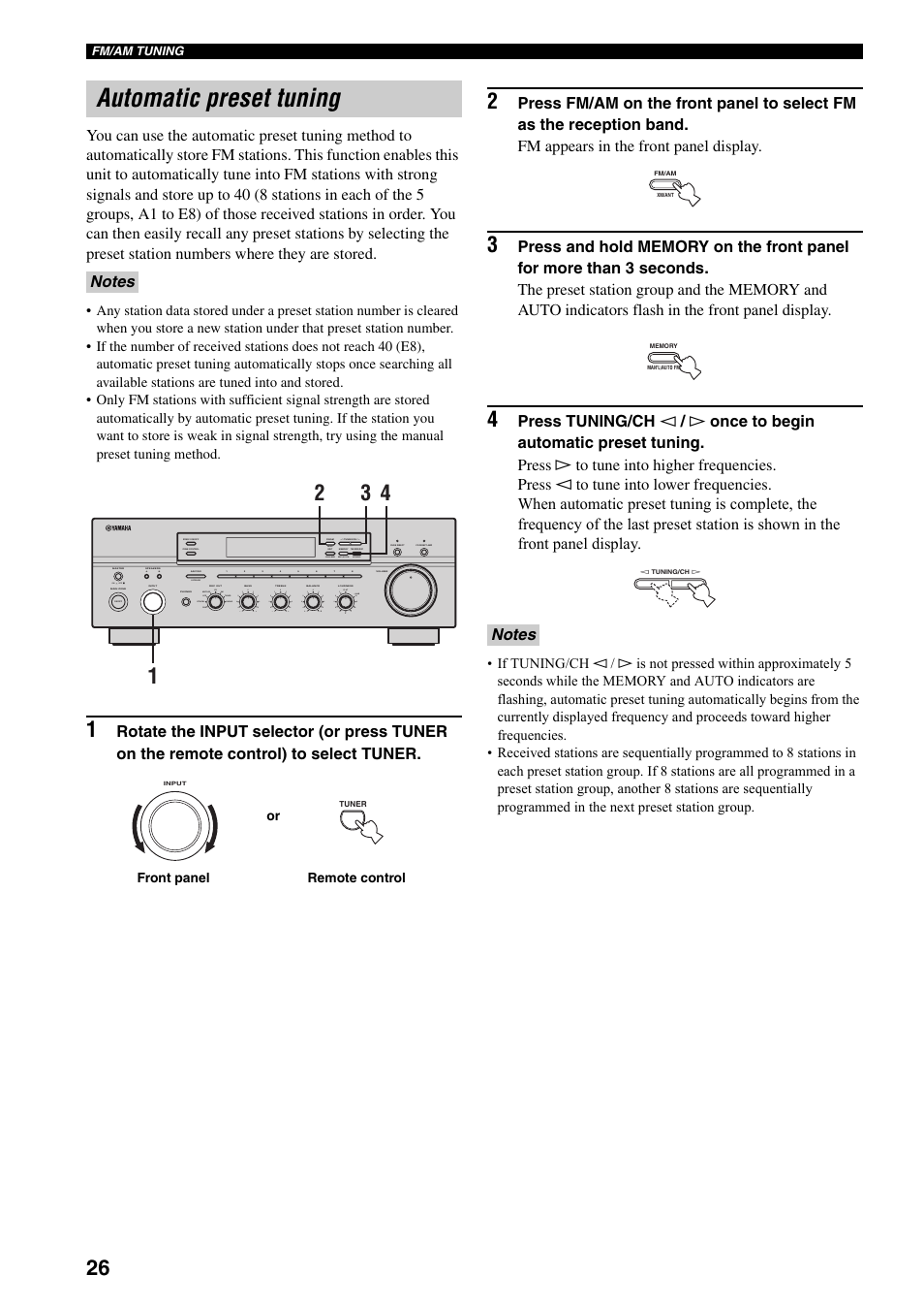 Automatic preset tuning, On off, Search mode | Category, Man'l/auto fm, Auto/man'l b a, Md/tape cd xm dvd vcr tuner dtv/cbl phono xm/ant | Yamaha RX-797 User Manual | Page 30 / 55