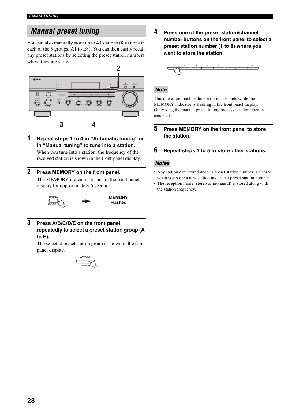 Manual preset tuning, Ge 28), Repeat steps 1 to 5 to store other stations | On off, Search mode, Category, Man'l/auto fm, Auto/man'l b a, Md/tape cd xm dvd vcr tuner dtv/cbl phono xm/ant | Yamaha RX-797 User Manual | Page 32 / 55