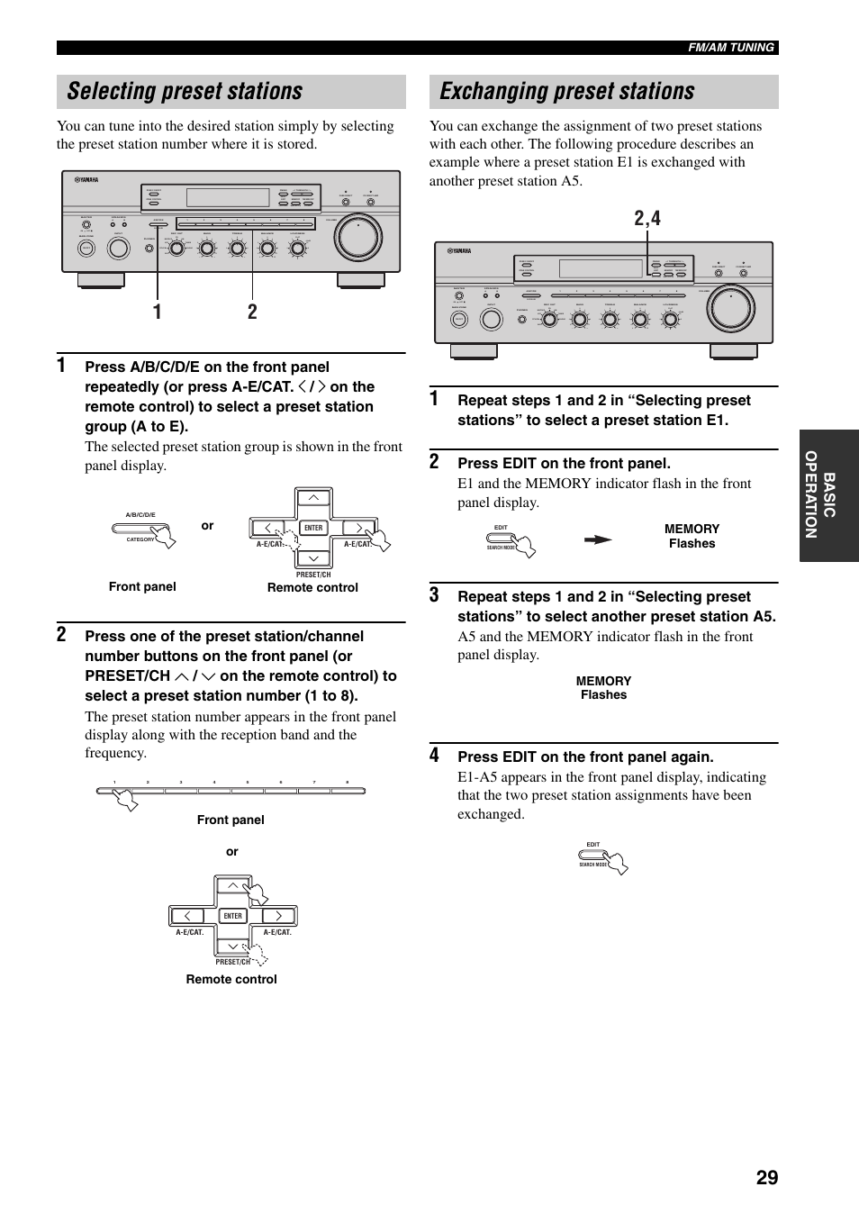Selecting preset stations, Exchanging preset stations, Ge 29) | On off, Search mode, Category, Man'l/auto fm, Auto/man'l b a, Md/tape cd xm dvd vcr tuner dtv/cbl phono, Xm/ant | Yamaha RX-797 User Manual | Page 33 / 55