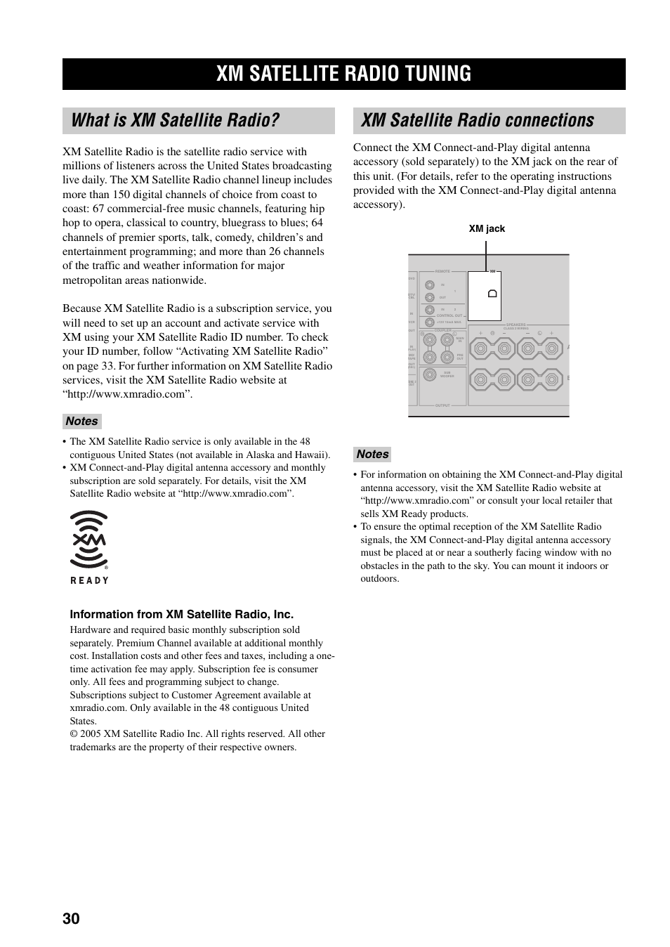 Xm satellite radio tuning, What is xm satellite radio, Xm satellite radio connections | Information from xm satellite radio, inc, Xm jack | Yamaha RX-797 User Manual | Page 34 / 55