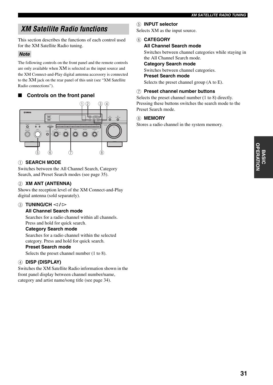 Xm satellite radio functions, Controls on the front panel | Yamaha RX-797 User Manual | Page 35 / 55