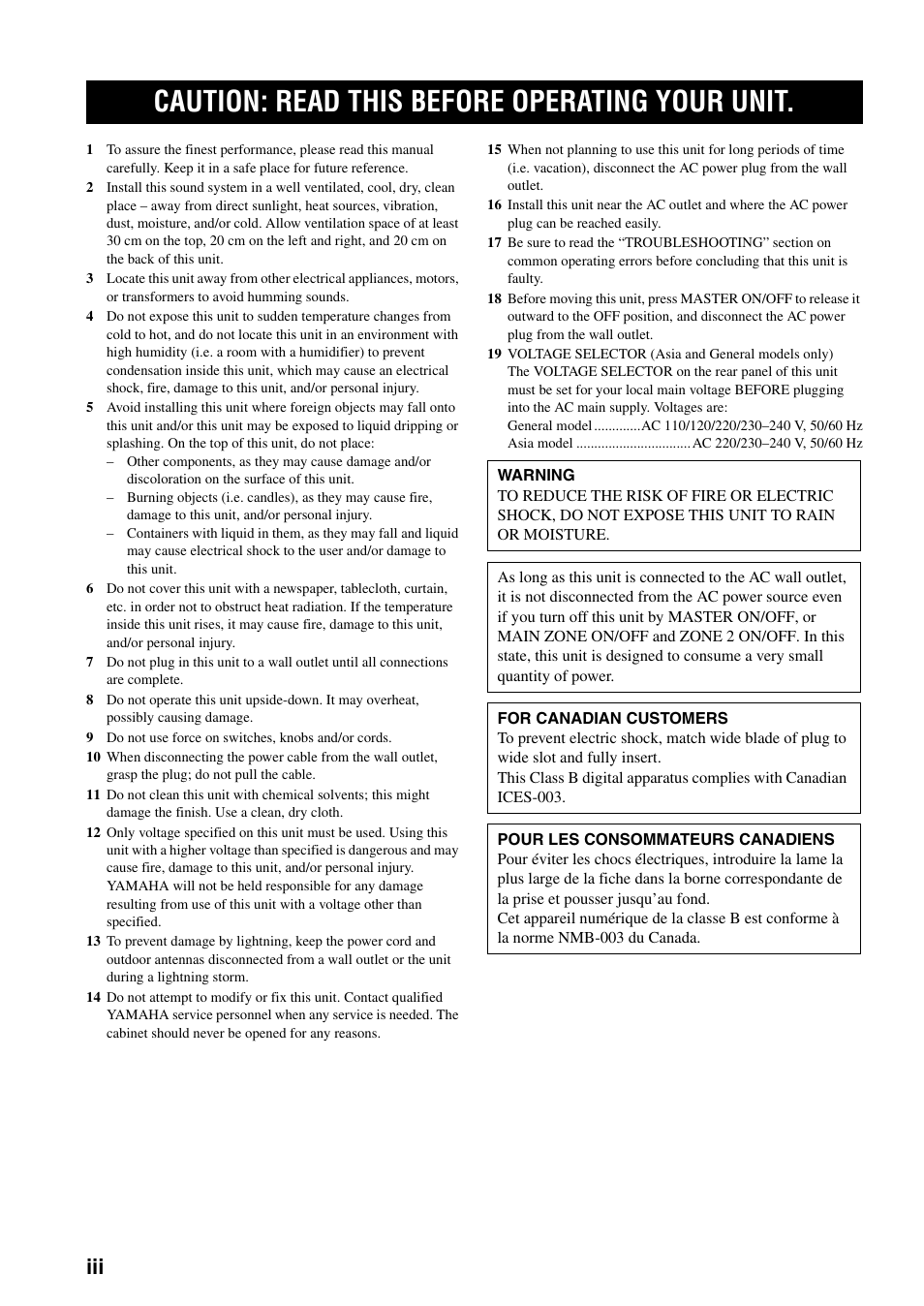 Caution: read this before operating your unit | Yamaha RX-797 User Manual | Page 4 / 55