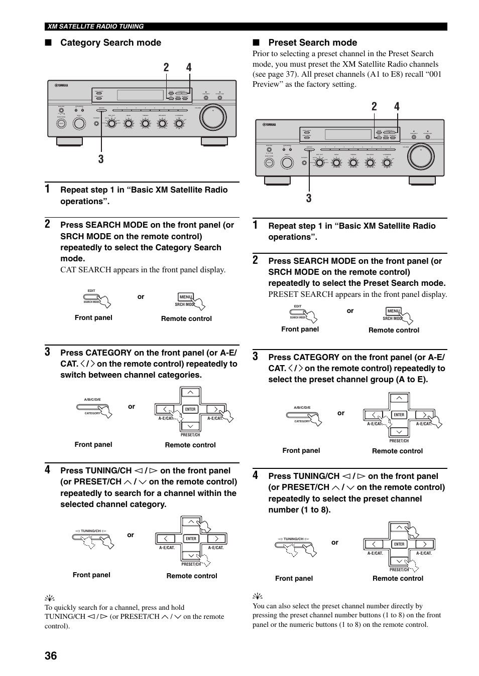 Category search mode, Preset search mode, On off | Search mode, Category, Man'l/auto fm, Auto/man'l b a, Md/tape cd xm dvd vcr tuner dtv/cbl phono xm/ant | Yamaha RX-797 User Manual | Page 40 / 55