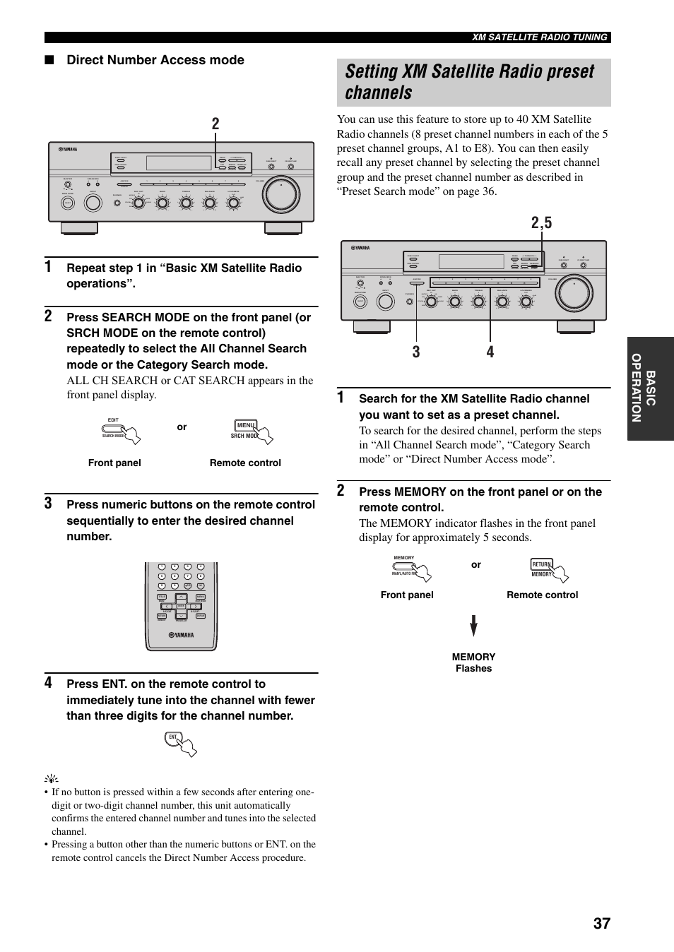 Setting xm satellite radio preset channels, Direct number access mode, On off | Search mode, Category, Man'l/auto fm, Auto/man'l b a, Md/tape cd xm dvd vcr tuner dtv/cbl phono xm/ant | Yamaha RX-797 User Manual | Page 41 / 55