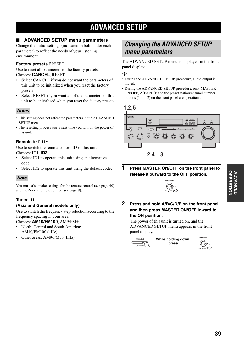 Advanced operation, Advanced setup, Changing the advanced setup menu parameters | Advanced setup menu parameters, Ad v a nced op era t io n | Yamaha RX-797 User Manual | Page 43 / 55