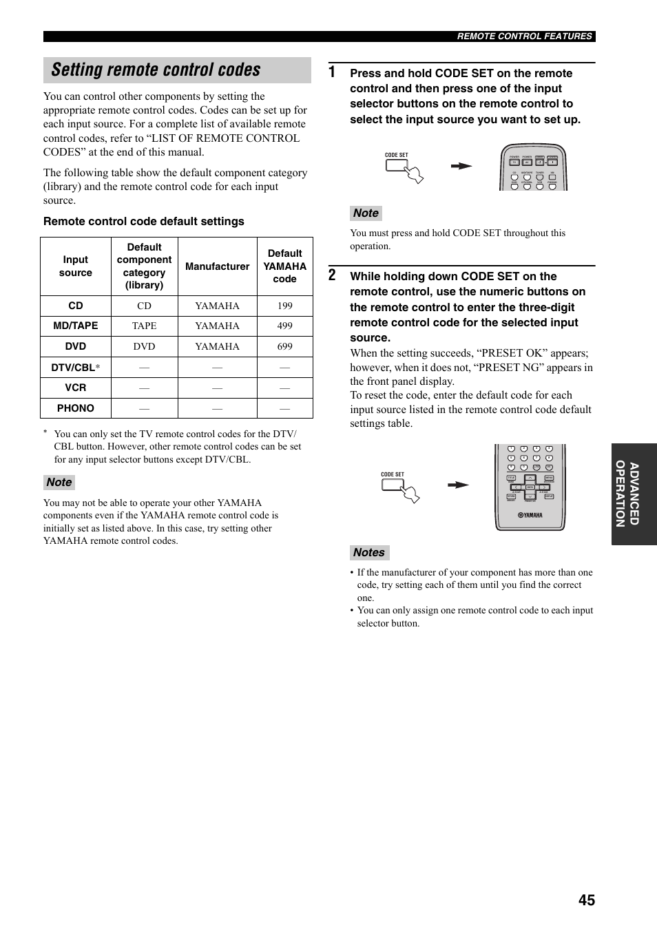 Setting remote control codes | Yamaha RX-797 User Manual | Page 49 / 55