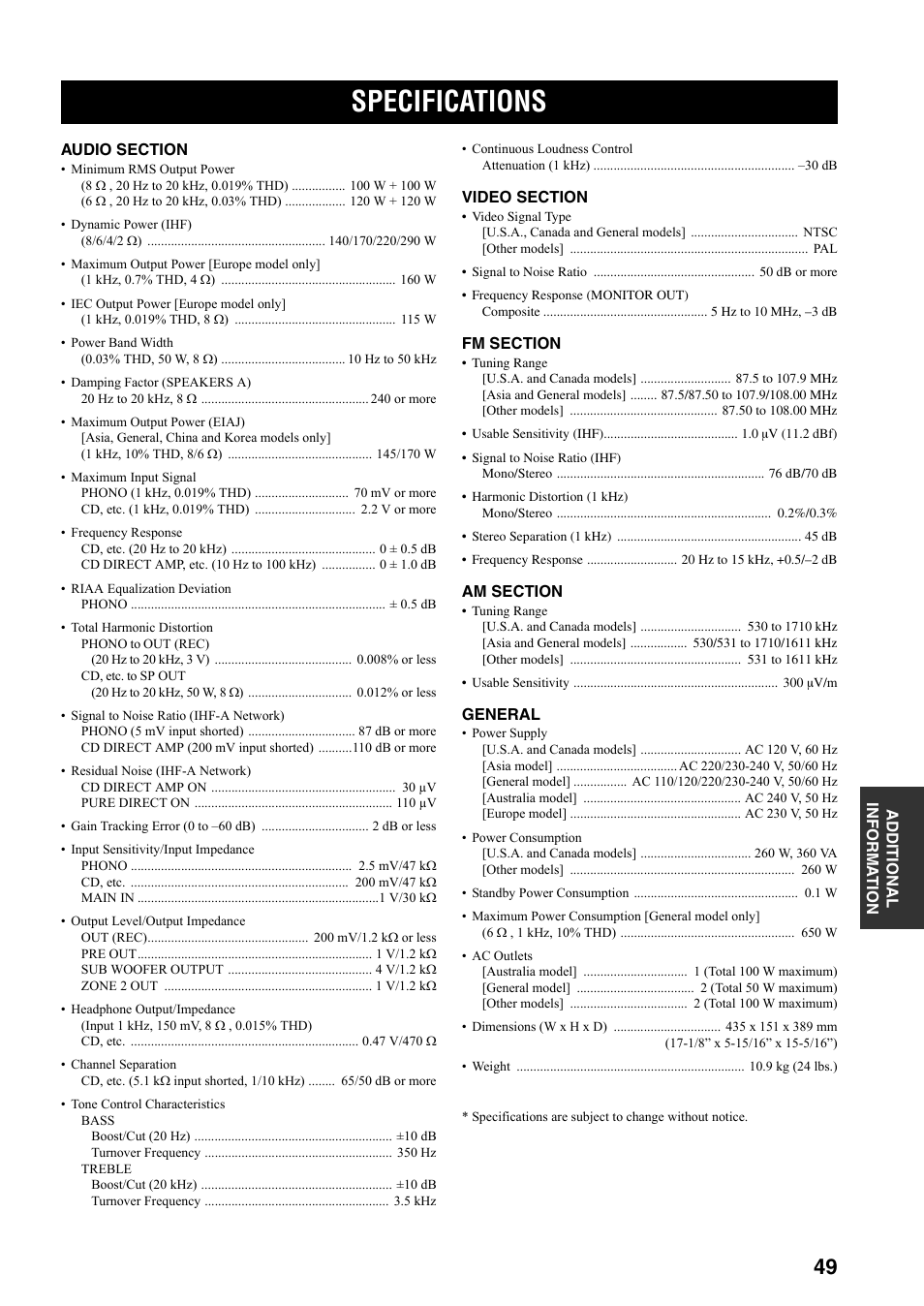 Specifications | Yamaha RX-797 User Manual | Page 53 / 55