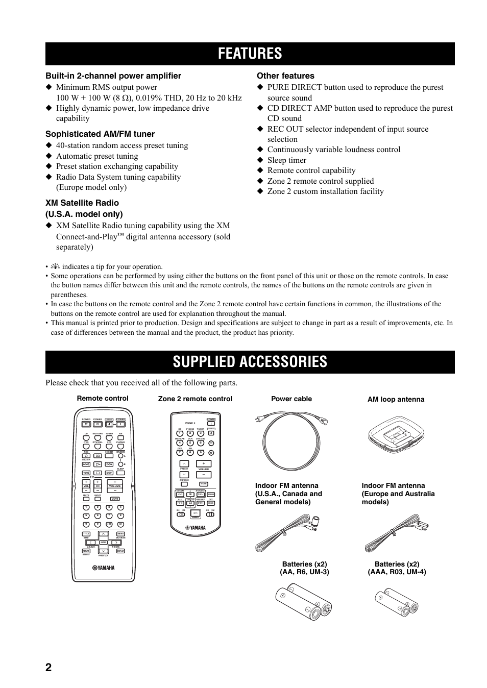 Introduction, Features, Supplied accessories | Features supplied accessories | Yamaha RX-797 User Manual | Page 6 / 55