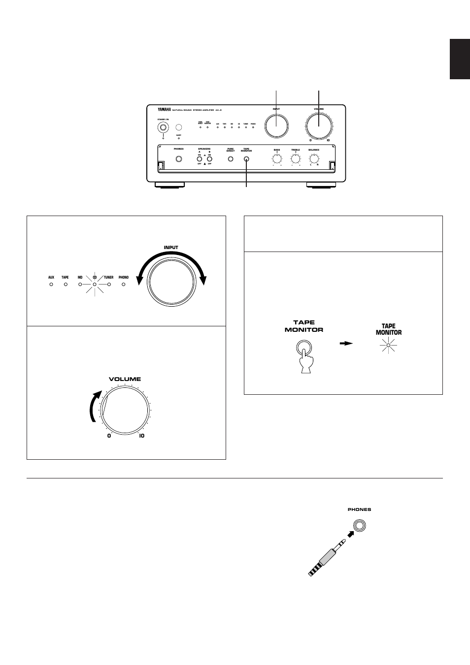 English to record a source to tape (or md), When you listen with headphones, Select the source to be recorded | Lights up | Yamaha AX-9 User Manual | Page 11 / 15