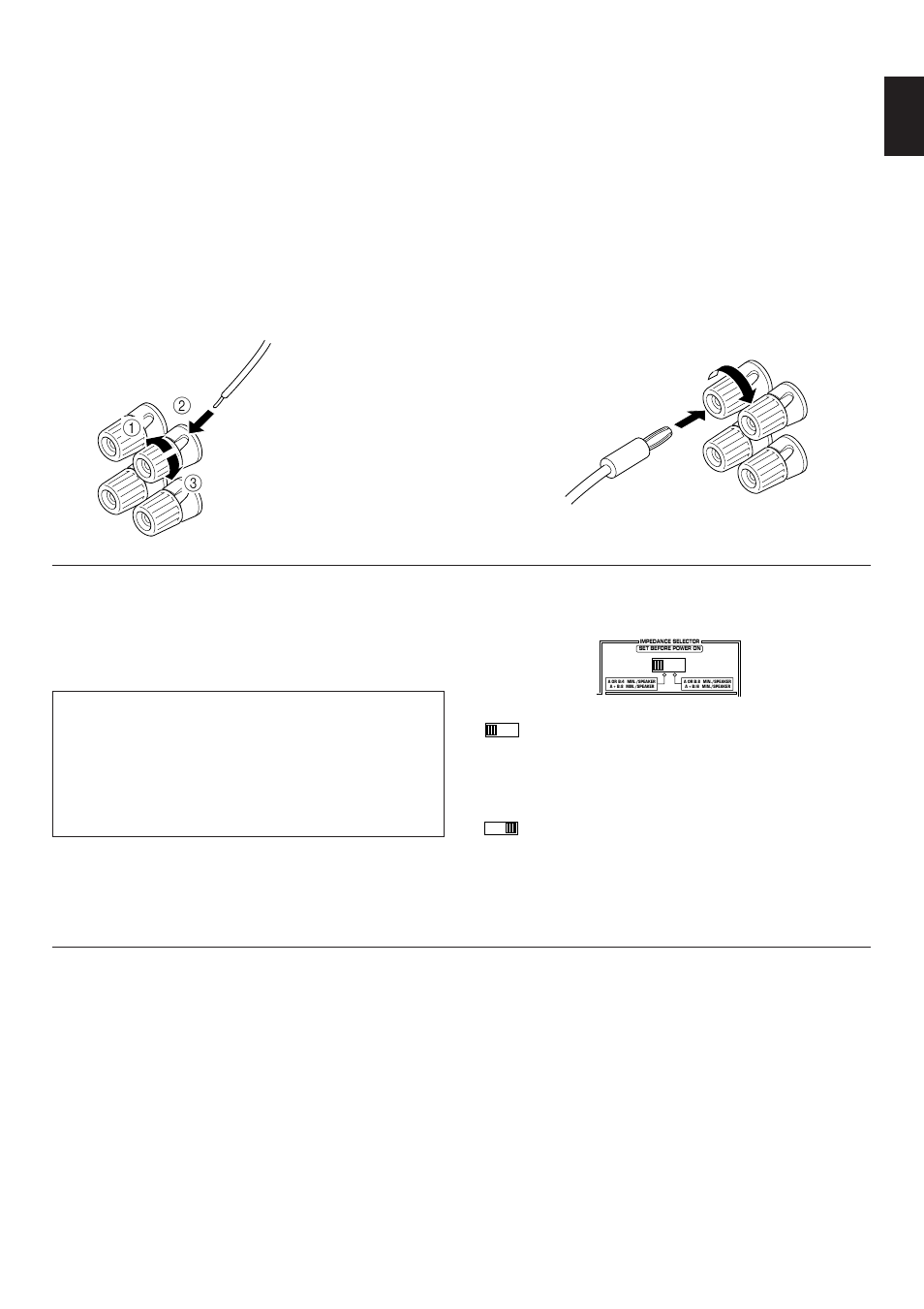 Connecting speakers about the accessory terminals, Impedance selector switch, English | Ac outlet(s) (switched), Gnd terminal (for turntable use) | Yamaha AX-9 User Manual | Page 7 / 15