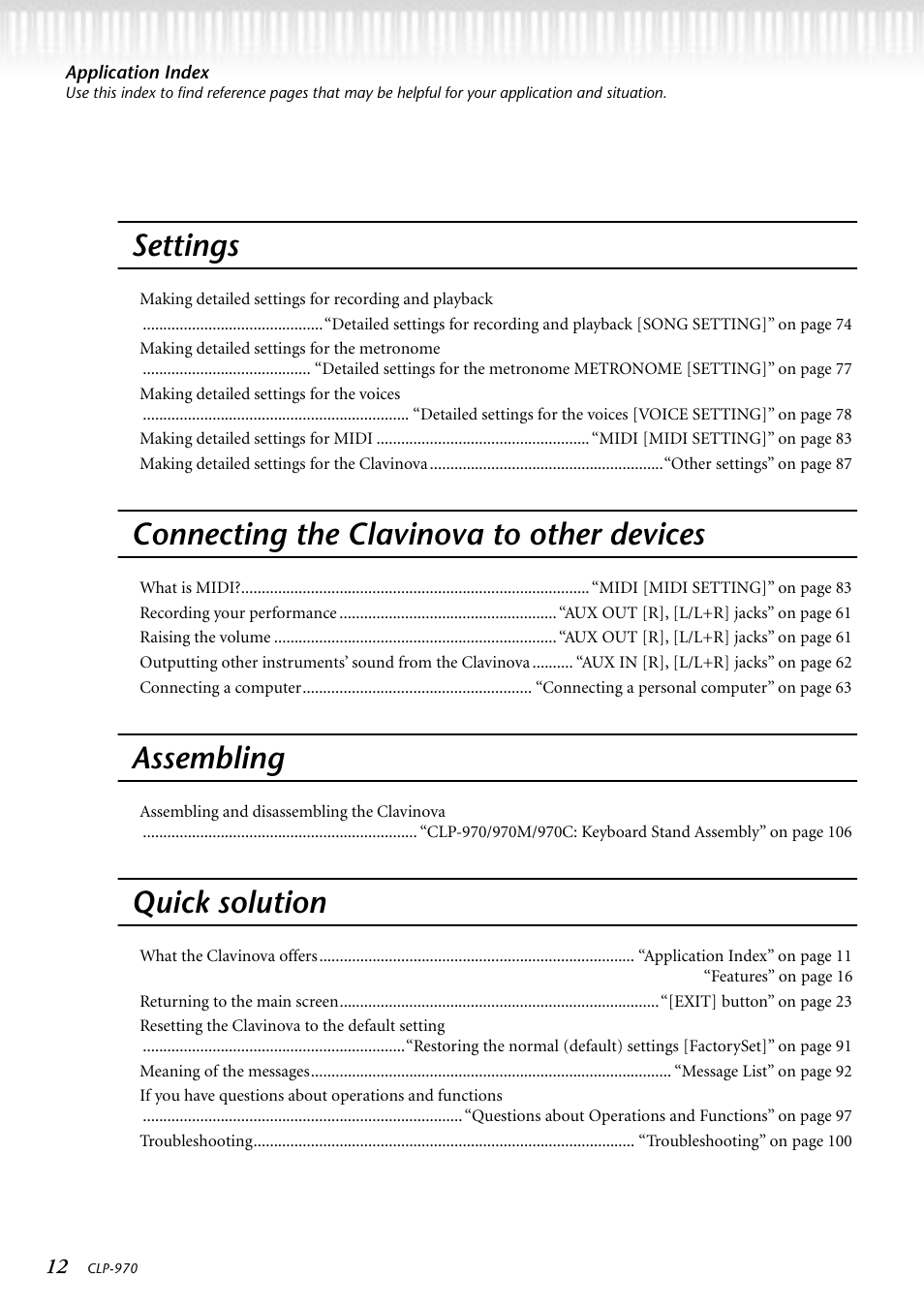 Settings, Connecting the clavinova to other devices, Assembling | Quick solution | Yamaha CLP-970C EN User Manual | Page 12 / 114