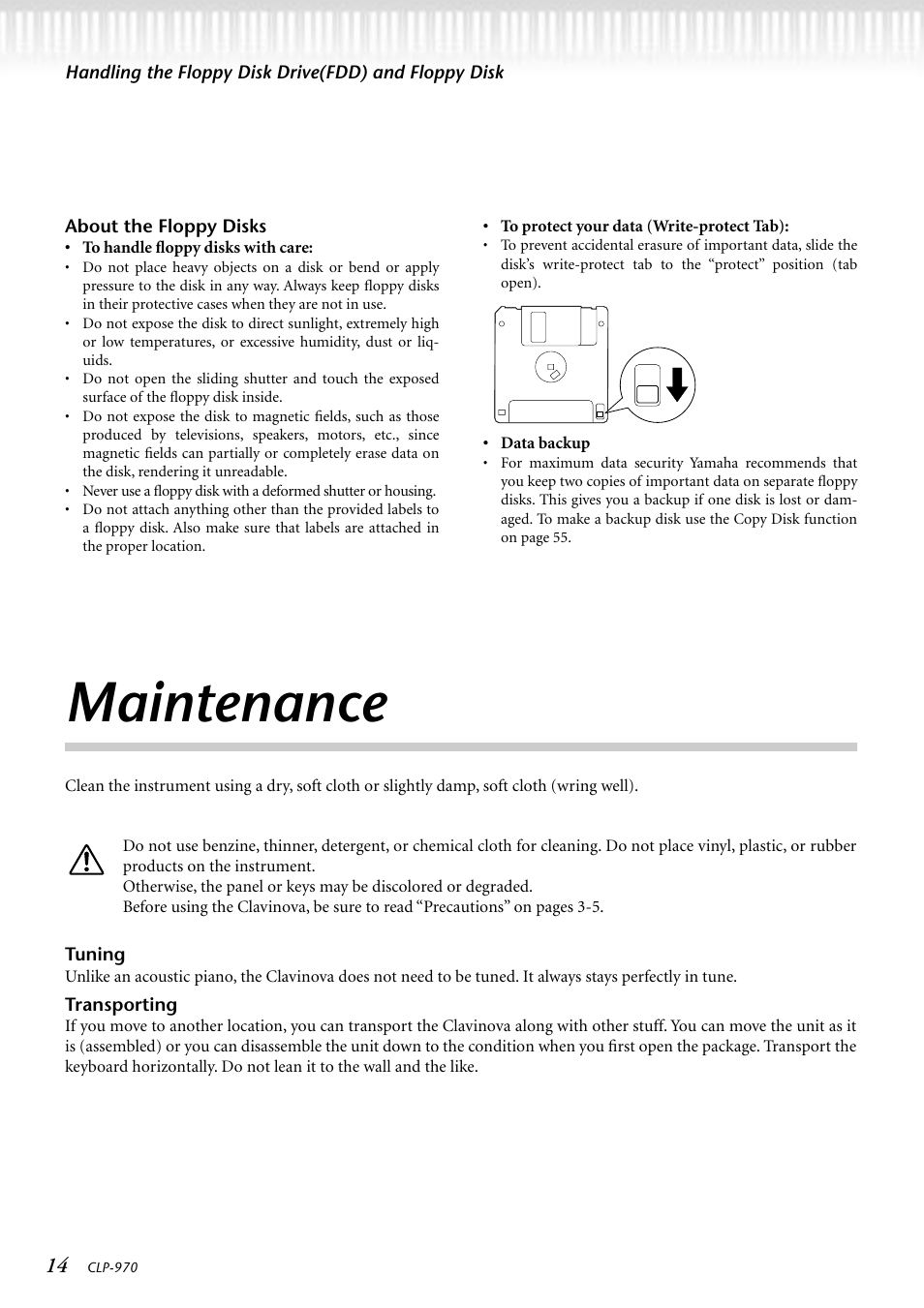 About the floppy disks, Maintenance, Tuning | Transporting | Yamaha CLP-970C EN User Manual | Page 14 / 114